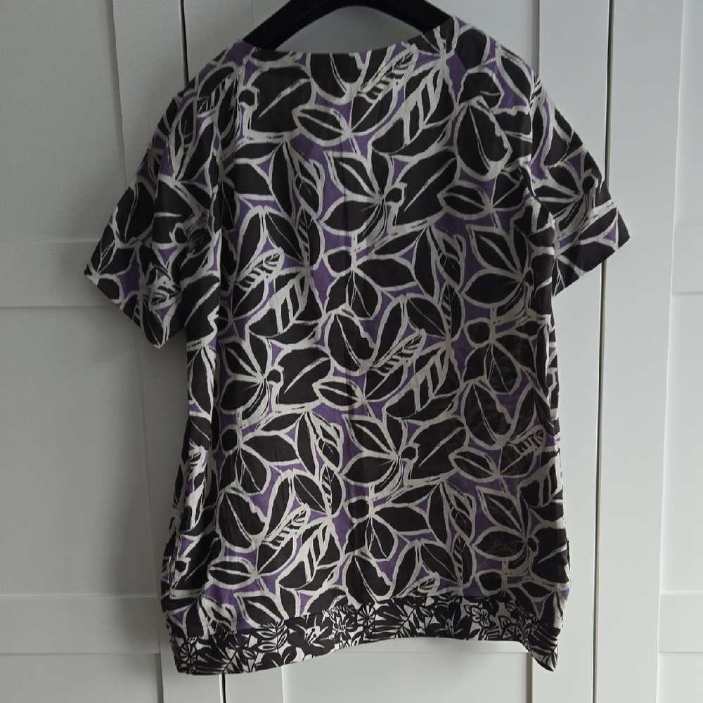 MaxMara Purple and Cream Leaf-Print Short Sleeve Linen Top size 10 - Picture 6 of 9